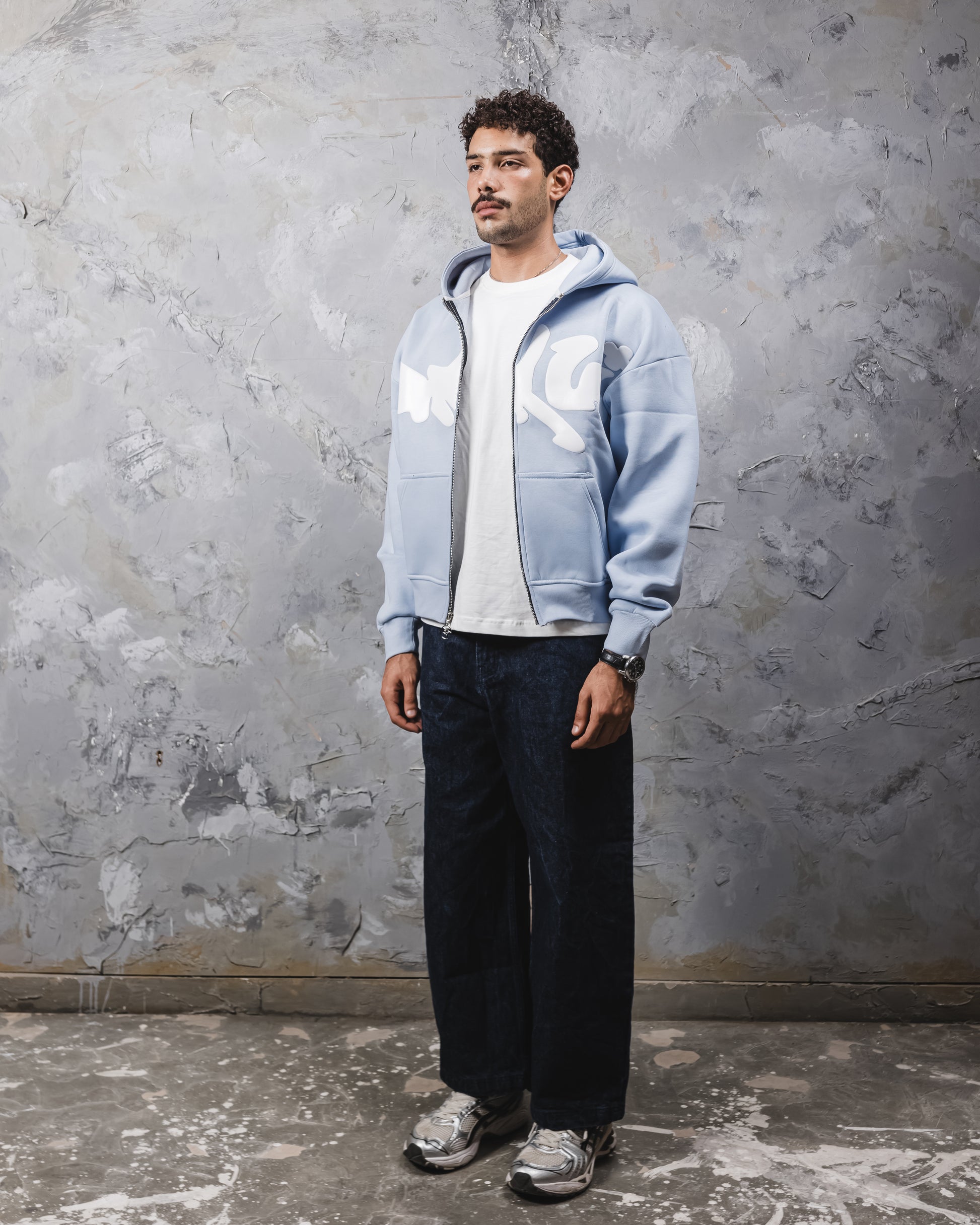 Baby blue puff printed zipup