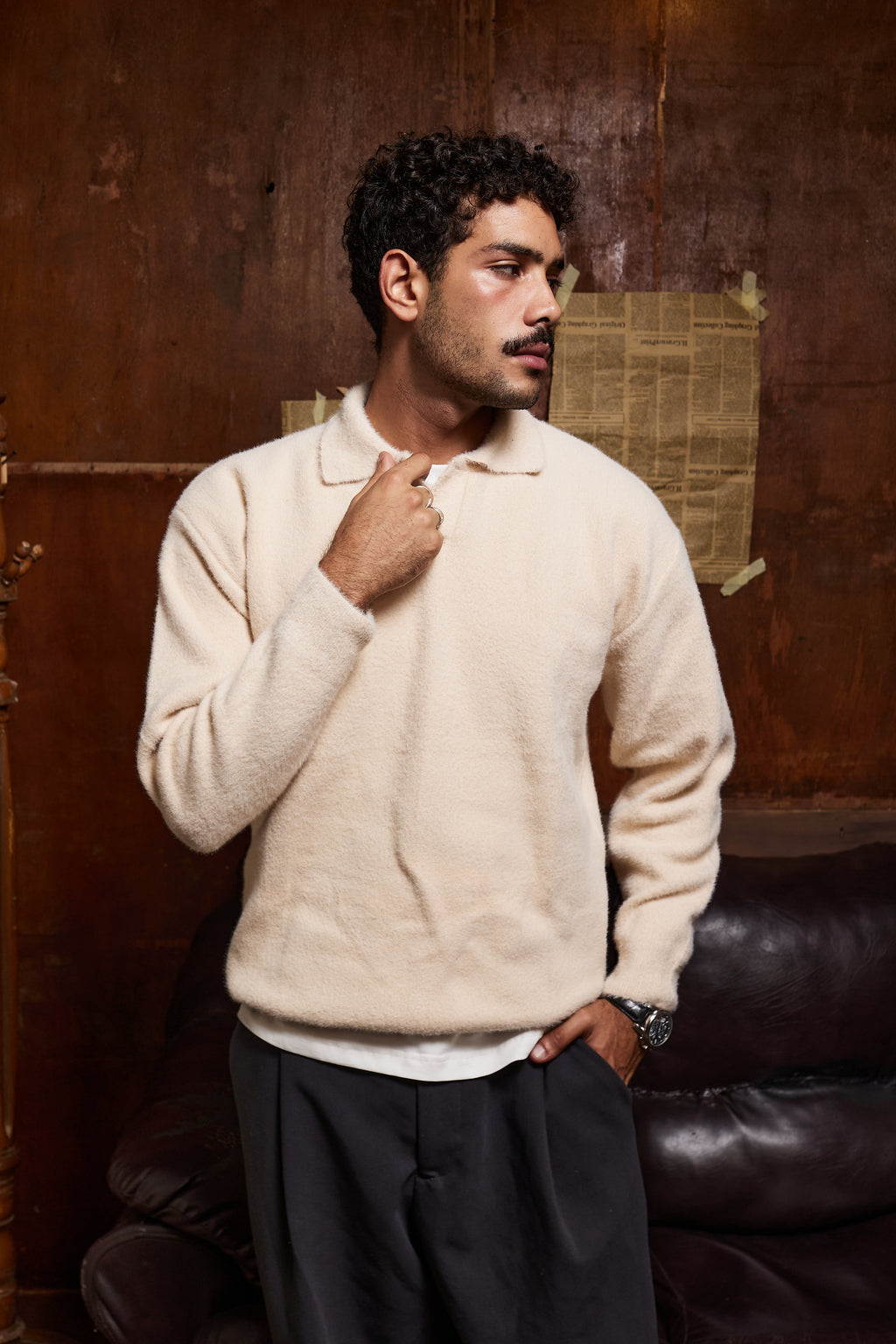 Beige mohair knit polo