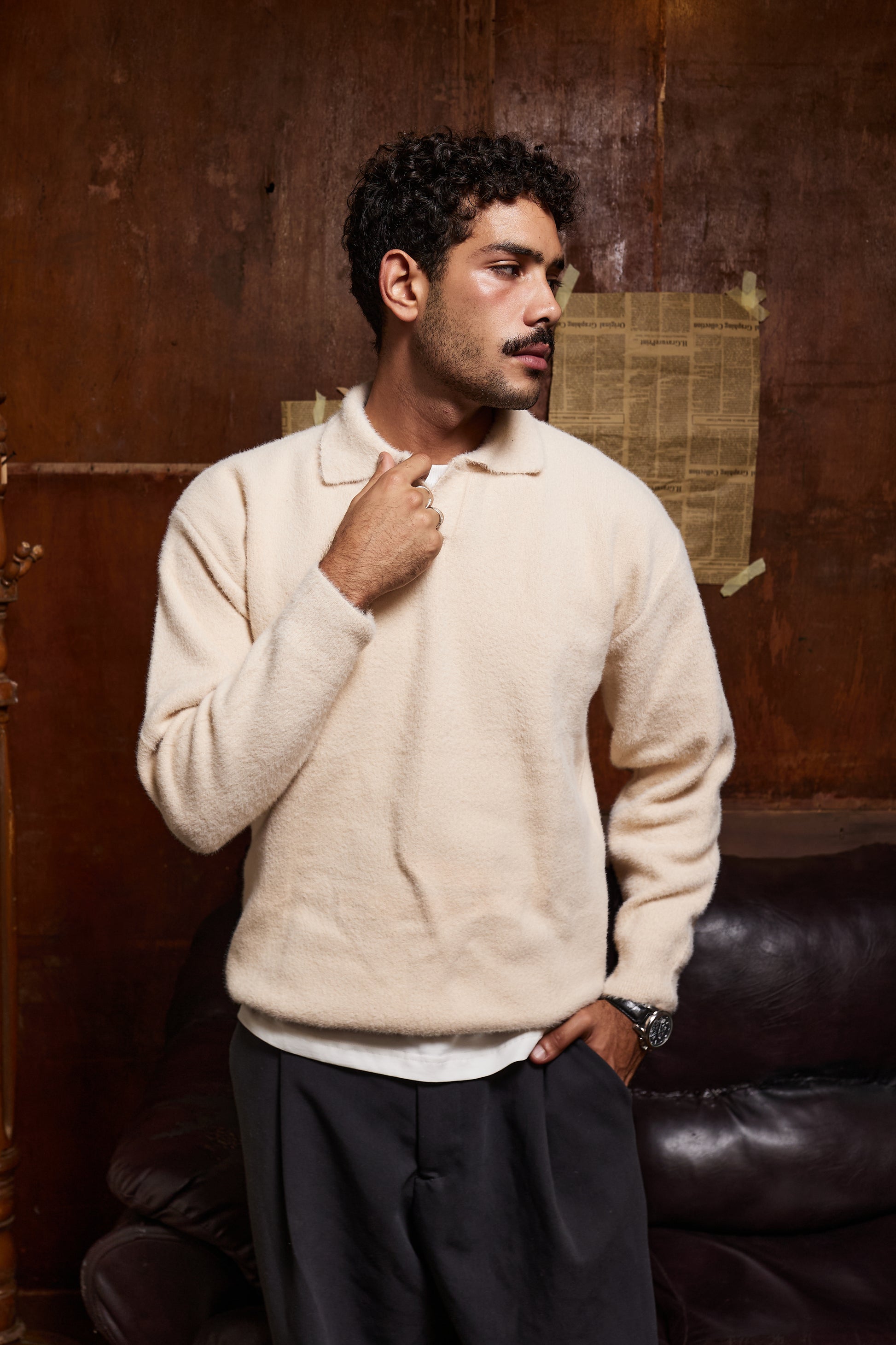 Beige mohair knit polo