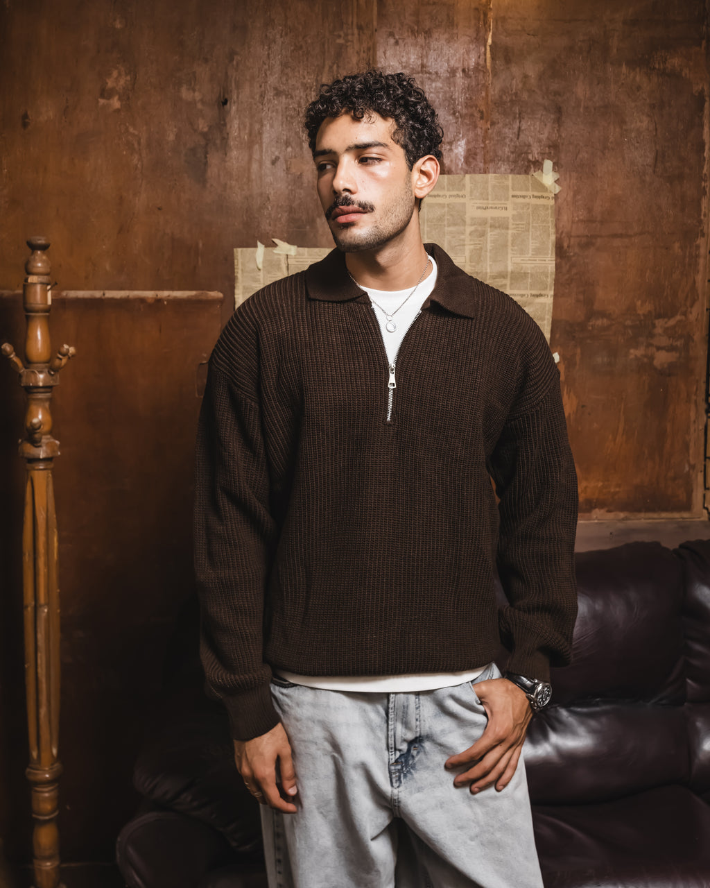 Brown Knitted quarter zipper