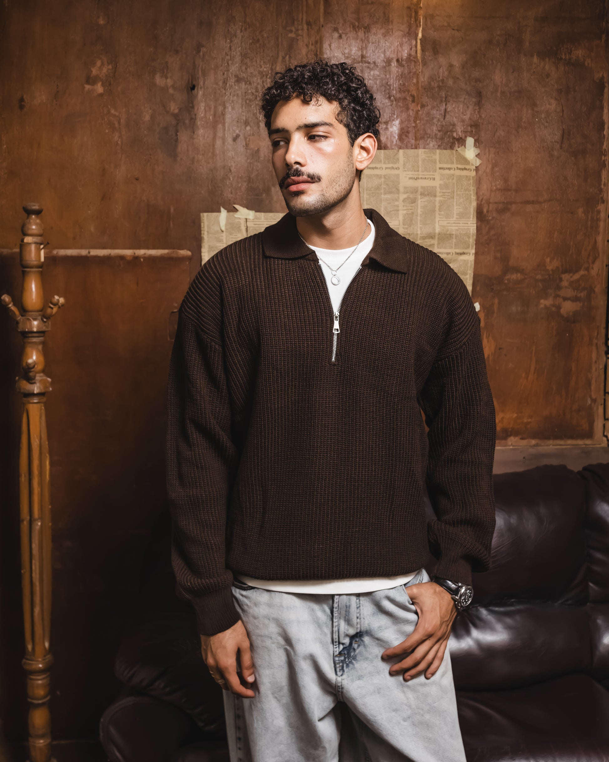 Brown Knitted quarter zipper