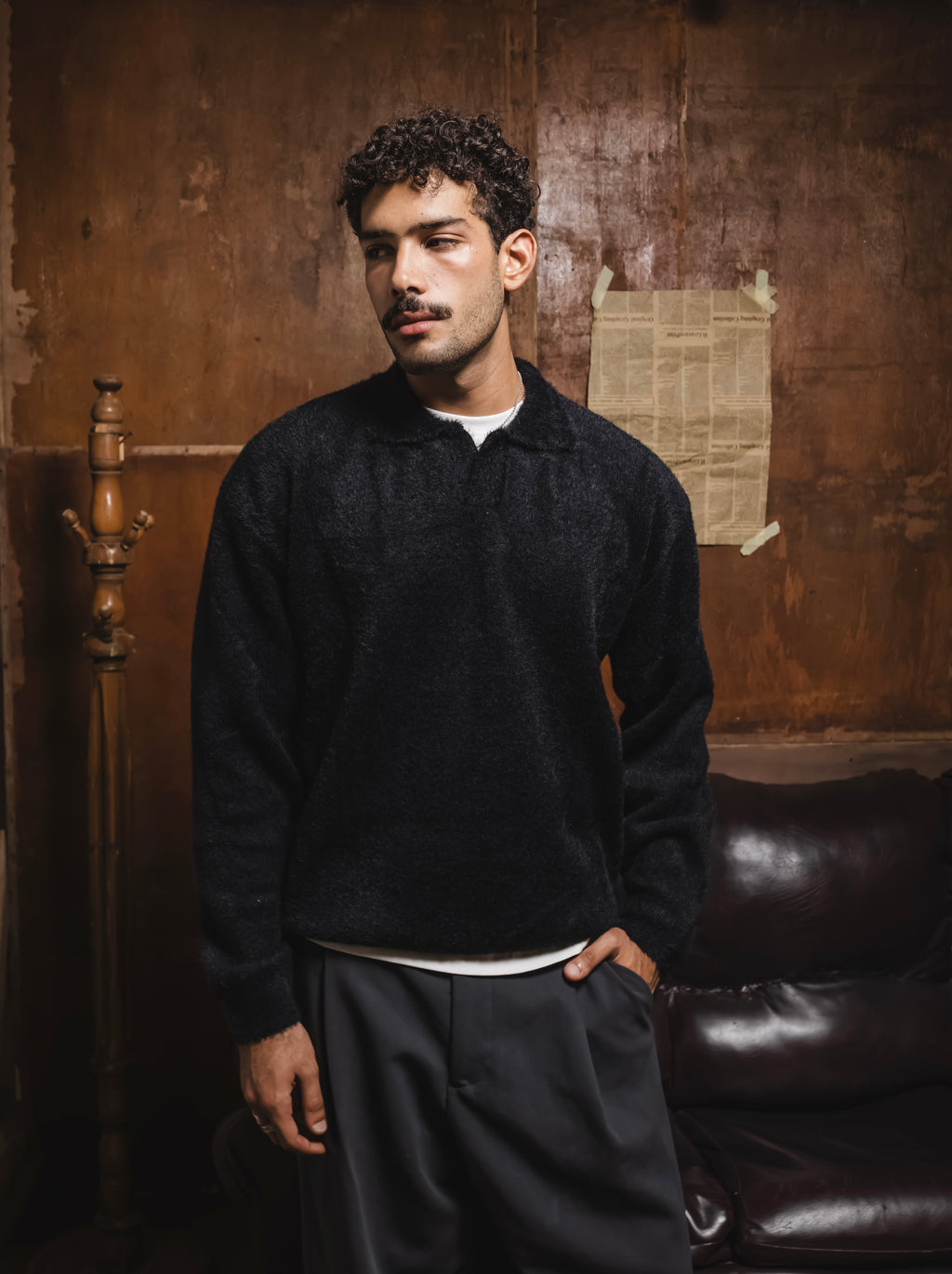 Black mohair knit polo