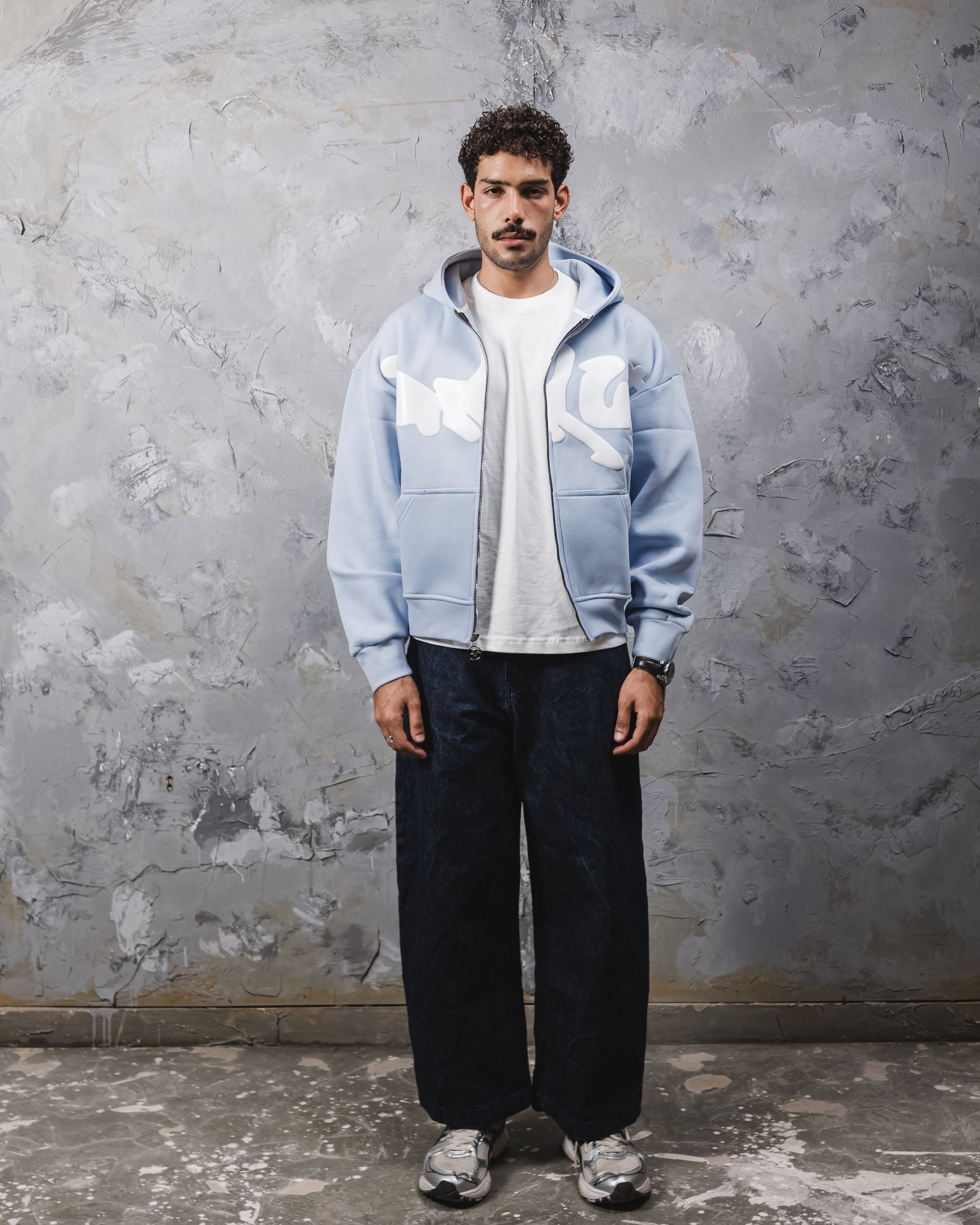 Baby blue puff printed zipup