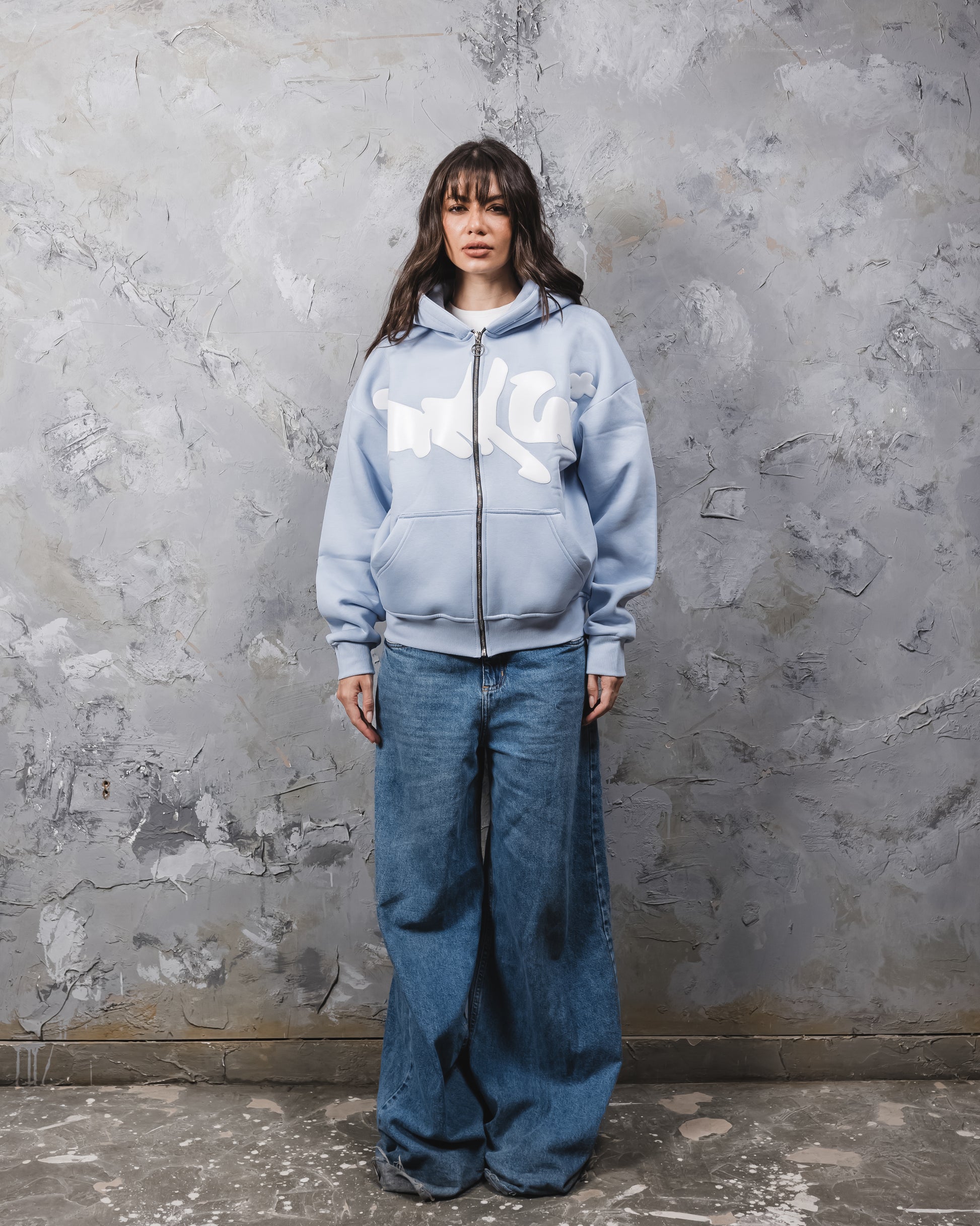 Baby blue puff printed zipup