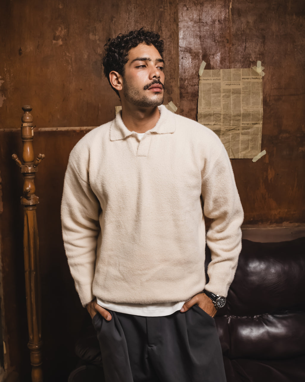 Beige mohair knit polo