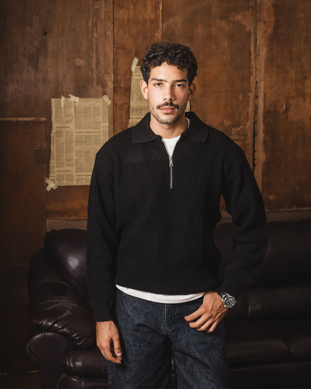 Black knitted quarter zipper