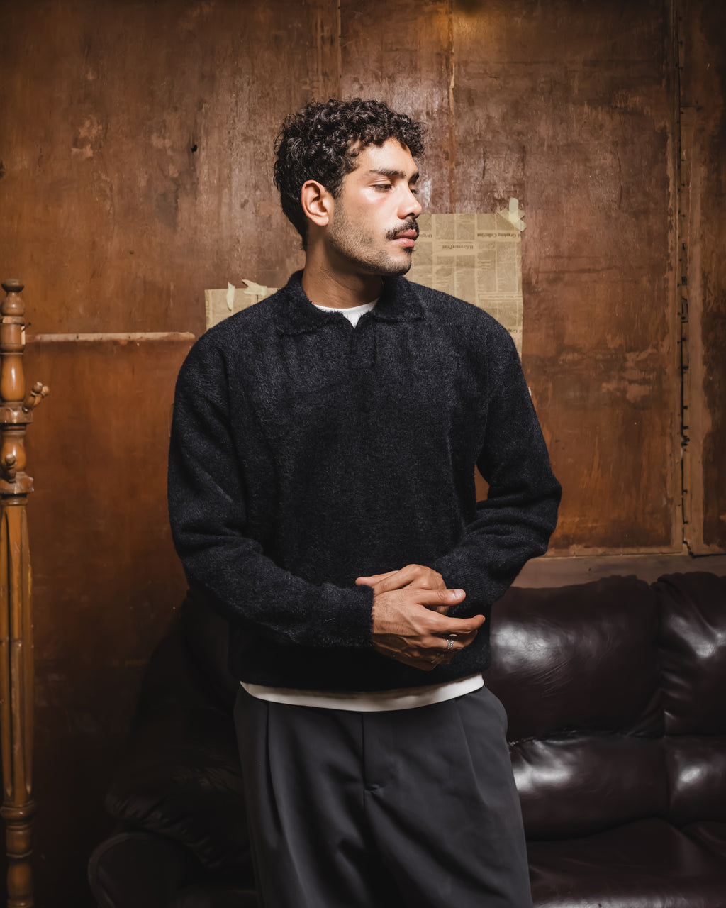 Black mohair knit polo