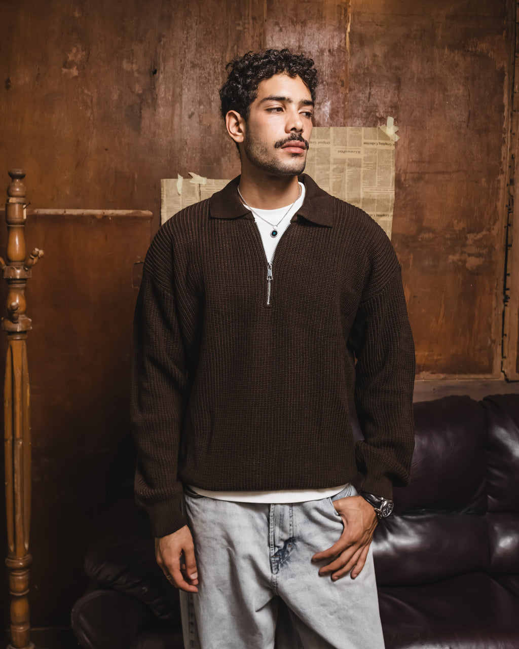 Brown Knitted quarter zipper