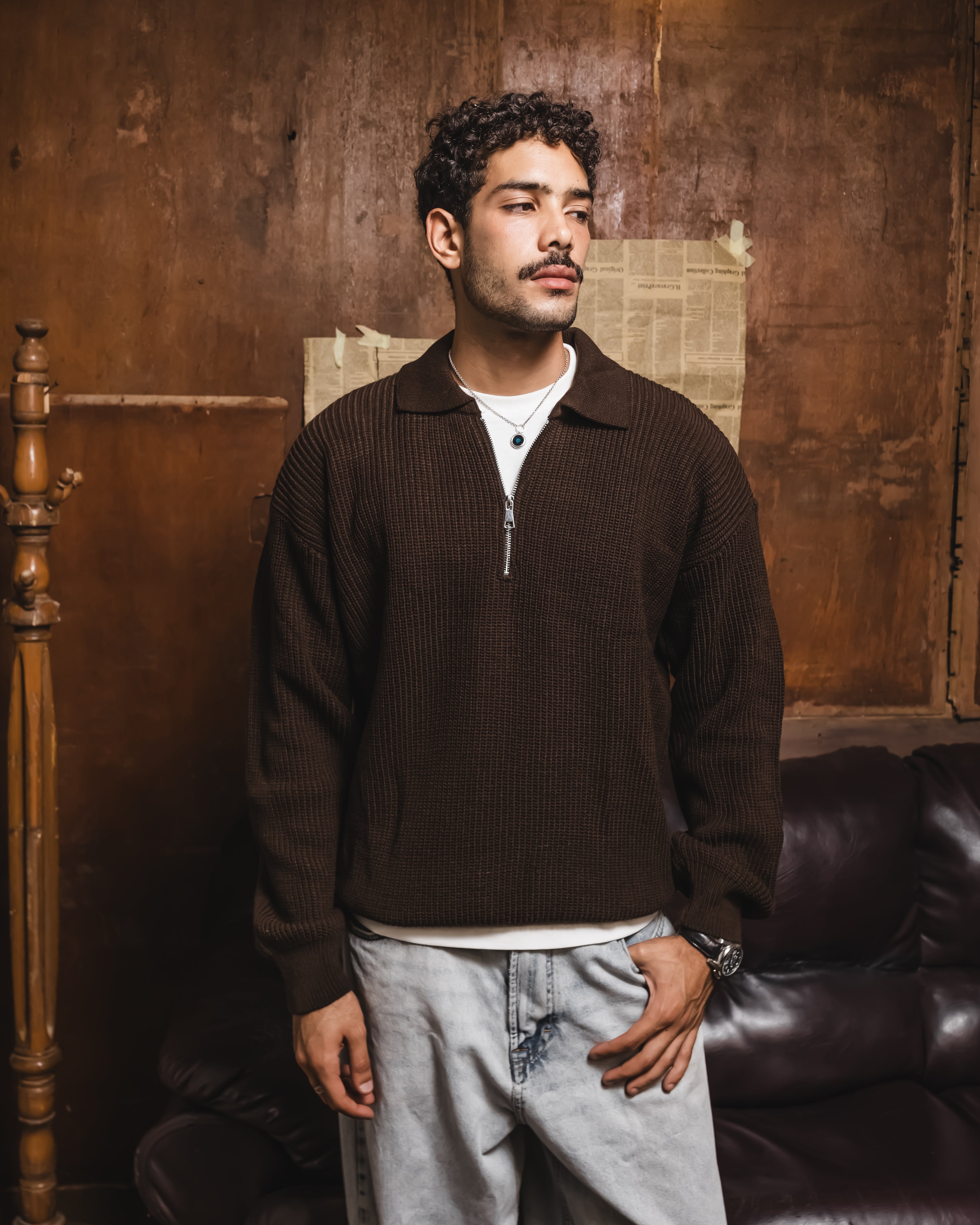 Brown Knitted quarter zipper