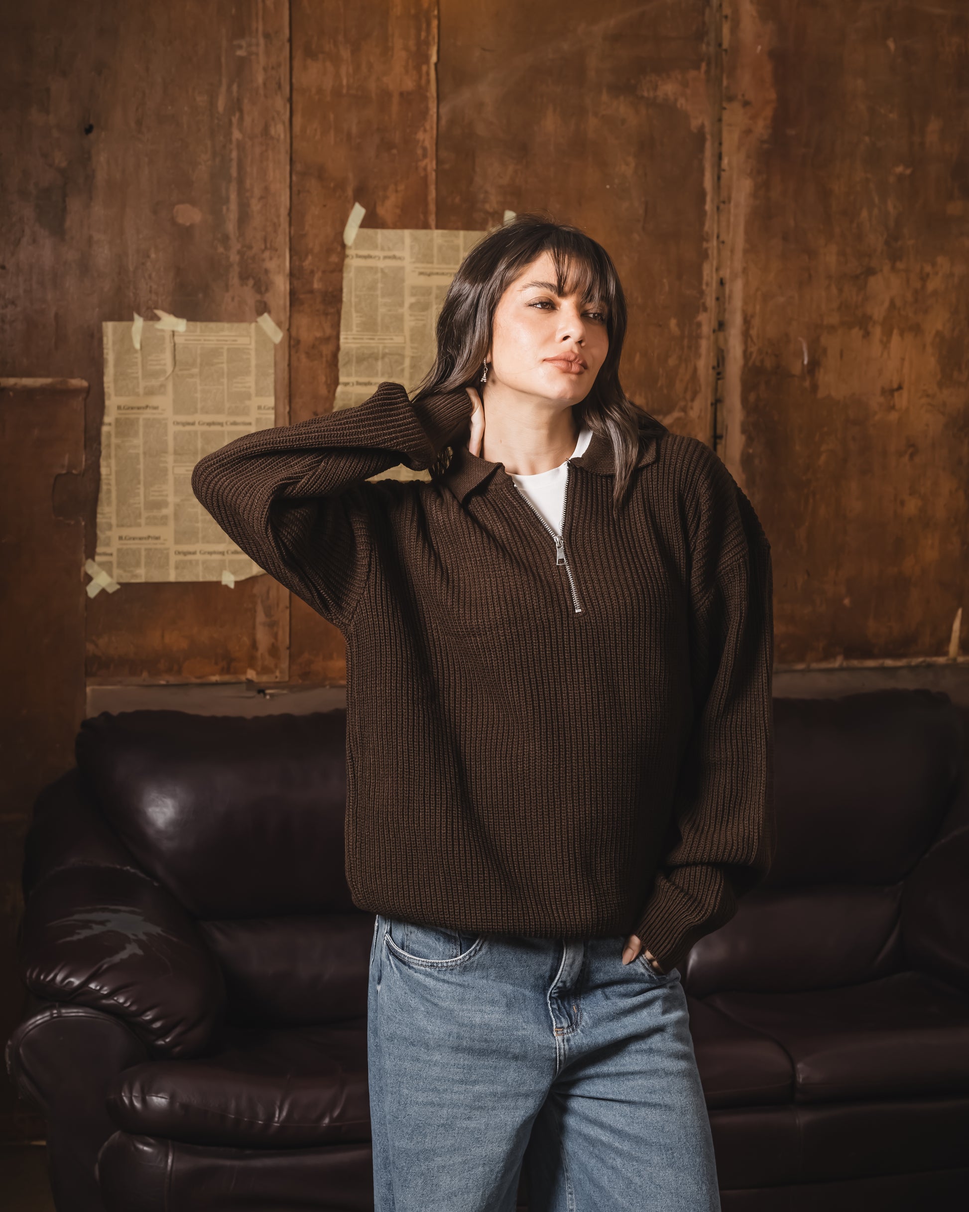 Brown Knitted quarter zipper