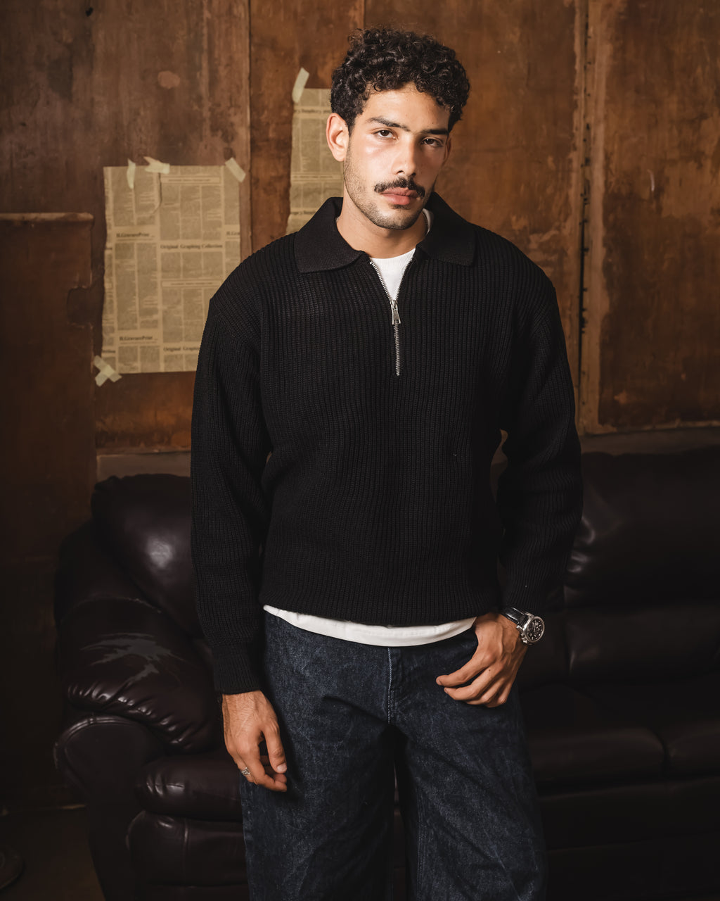 Black knitted quarter zipper