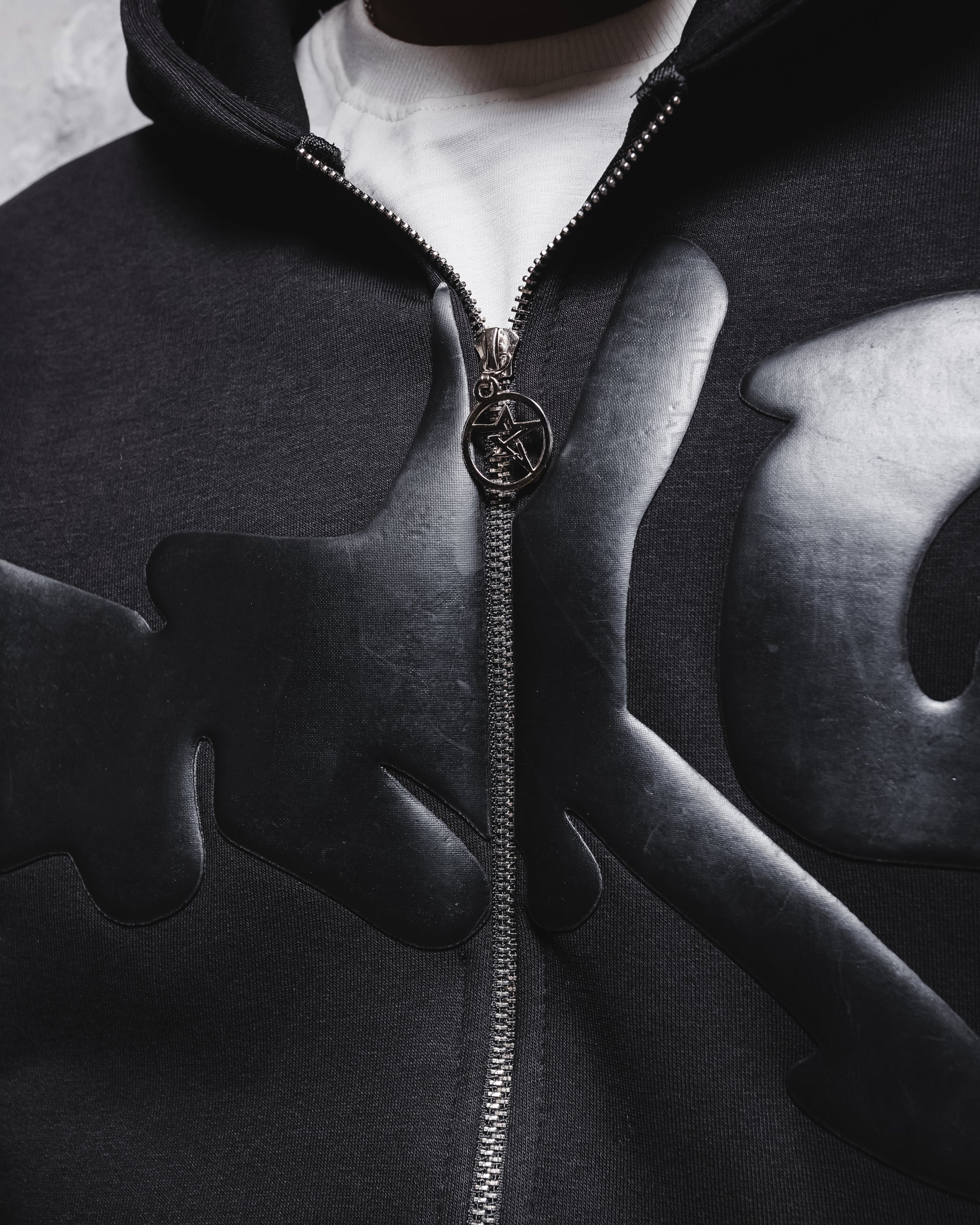 Black puff printed zipup